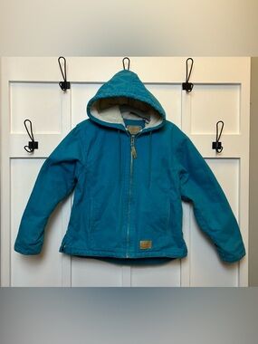 CE Schmidt Workwear Womens Small (6-8) Distressed Sherpa Teal Canvas Hooded Coat